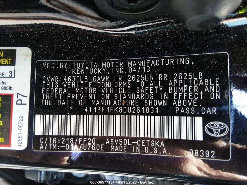 2013 TOYOTA CAMRY L/LE/SE/XLE - 4T1BF1FK8DU261831