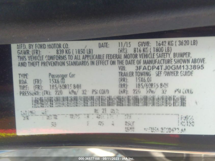 2016 FORD FIESTA S - 3FADP4TJ0GM133895