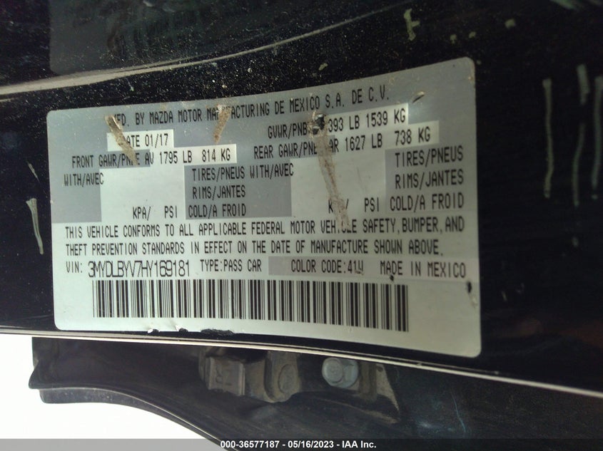 VIN 3MYDLBYV7HY169181 2017 TOYOTA YARIS IA