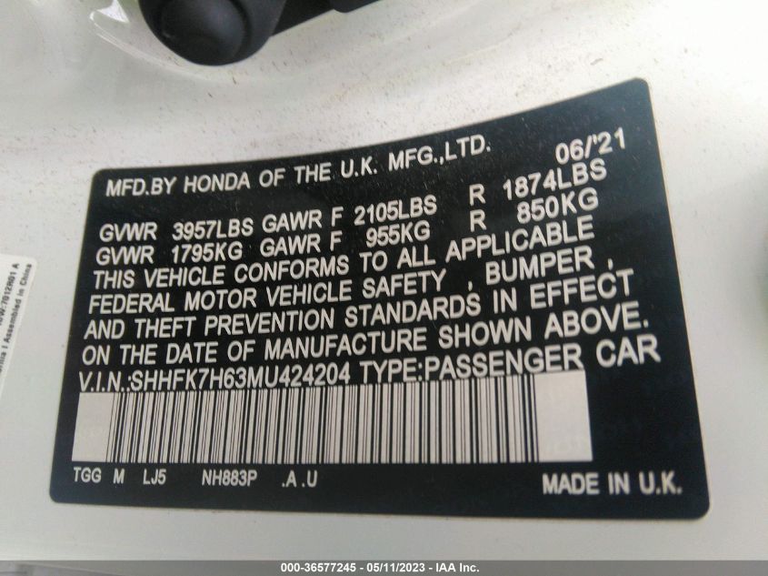 2021 HONDA CIVIC HATCHBACK EX - SHHFK7H63MU424204