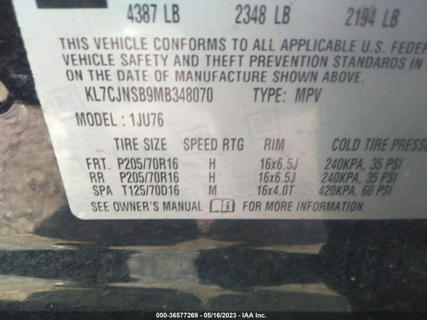 VIN KL7CJNSB9MB348070 2021 CHEVROLET TRAX LS