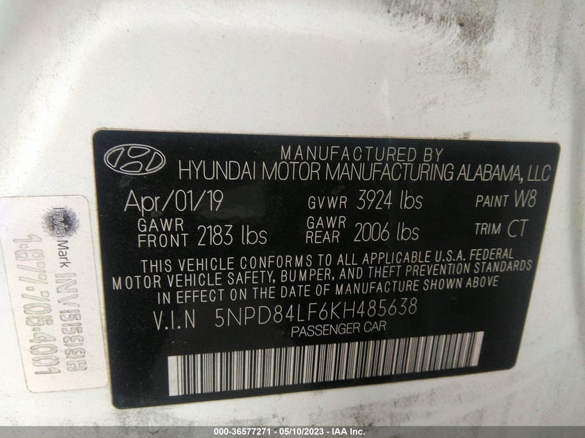 VIN 5NPD84LF6KH485638 2019 HYUNDAI ELANTRA SEL