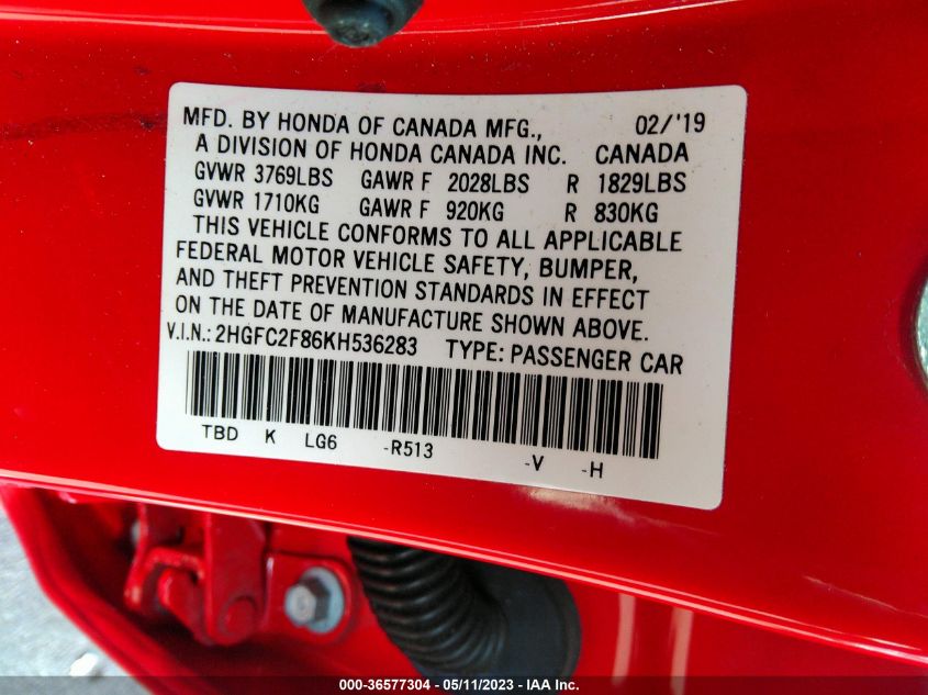 2019 HONDA CIVIC SEDAN SPORT - 2HGFC2F86KH536283