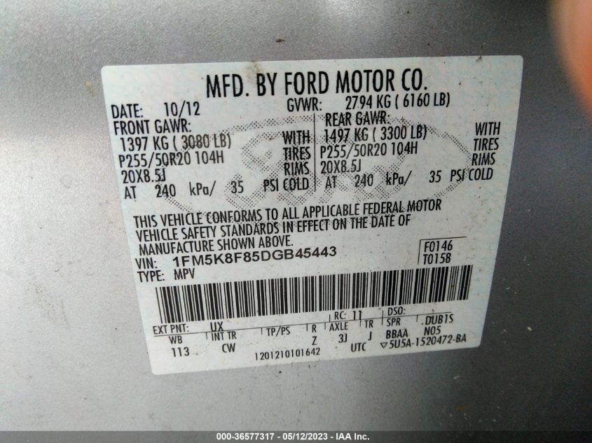 2013 FORD EXPLORER LIMITED - 1FM5K8F85DGB45443