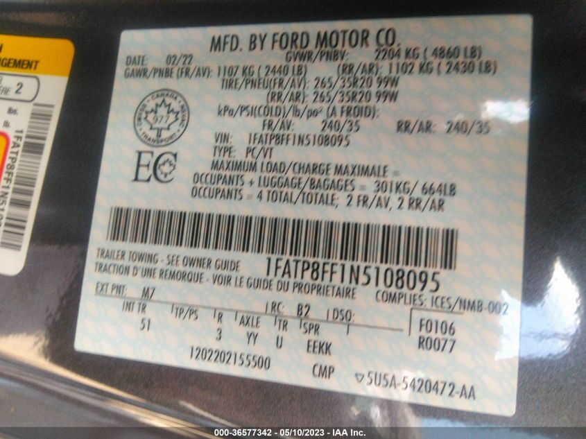 2022 FORD MUSTANG GT PREMIUM - 1FATP8FF1N5108095