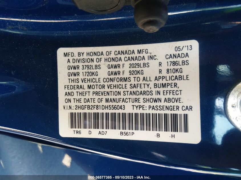 2013 HONDA CIVIC - 2HGFE258101556043