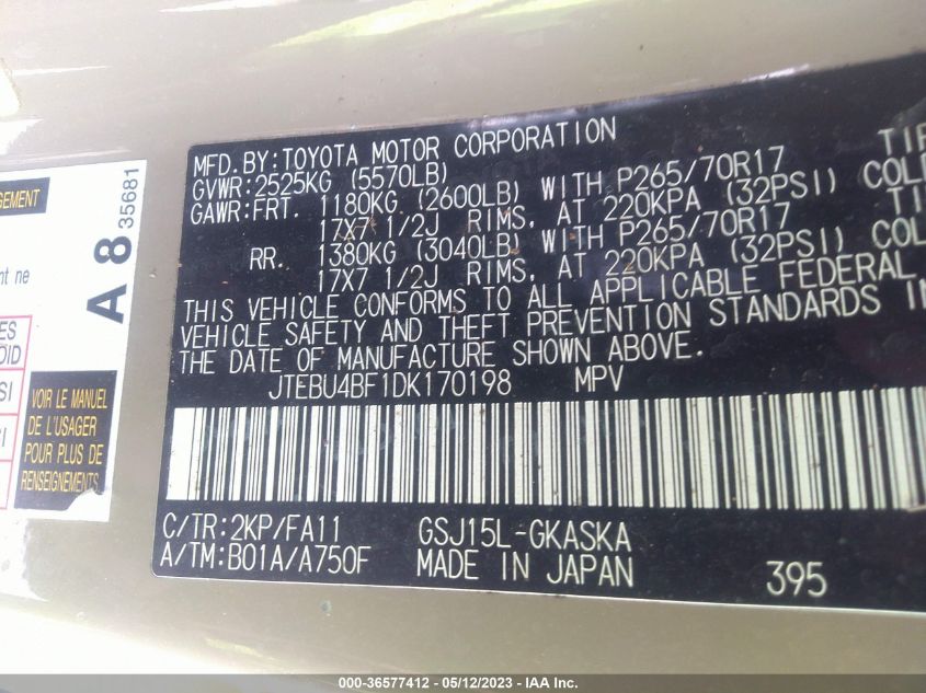 2013 TOYOTA FJ CRUISER JTEBU4BF1DK170198