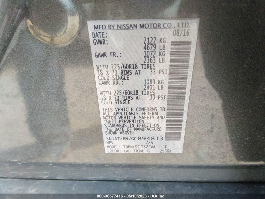 2016 NISSAN ROGUE SL - 5N1AT2MV2GC894813