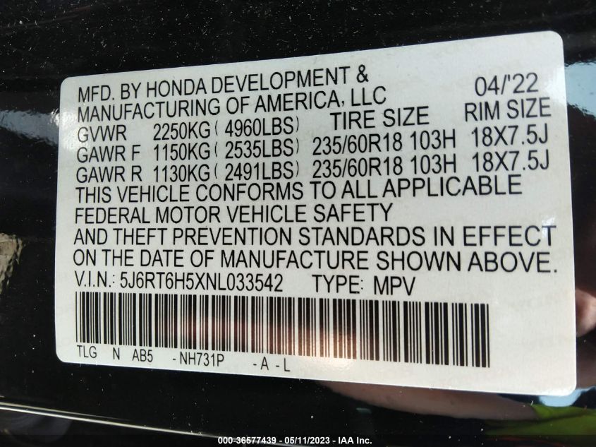 2022 HONDA CR-V HYBRID EX 5J6RT6H5XNL033542