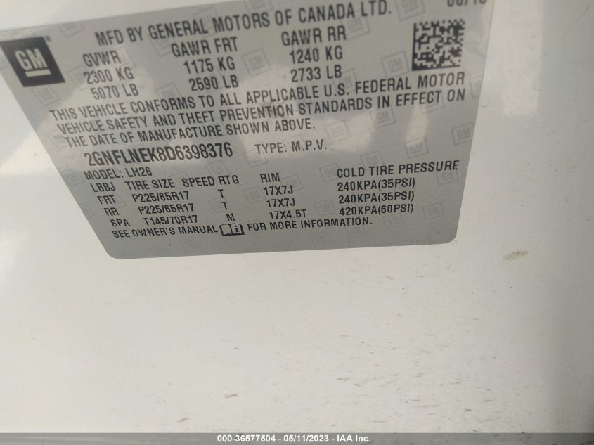 2013 CHEVROLET EQUINOX LT - 2GNFLNEK8D6398376