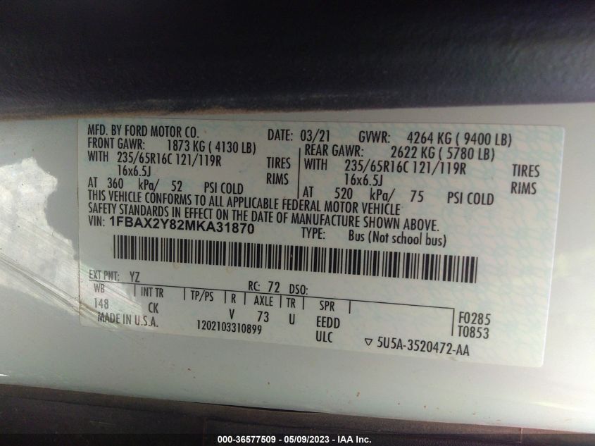 2021 FORD TRANSIT PASSENGER WAGON XL/XLT 1FBAX2Y82MKA31870
