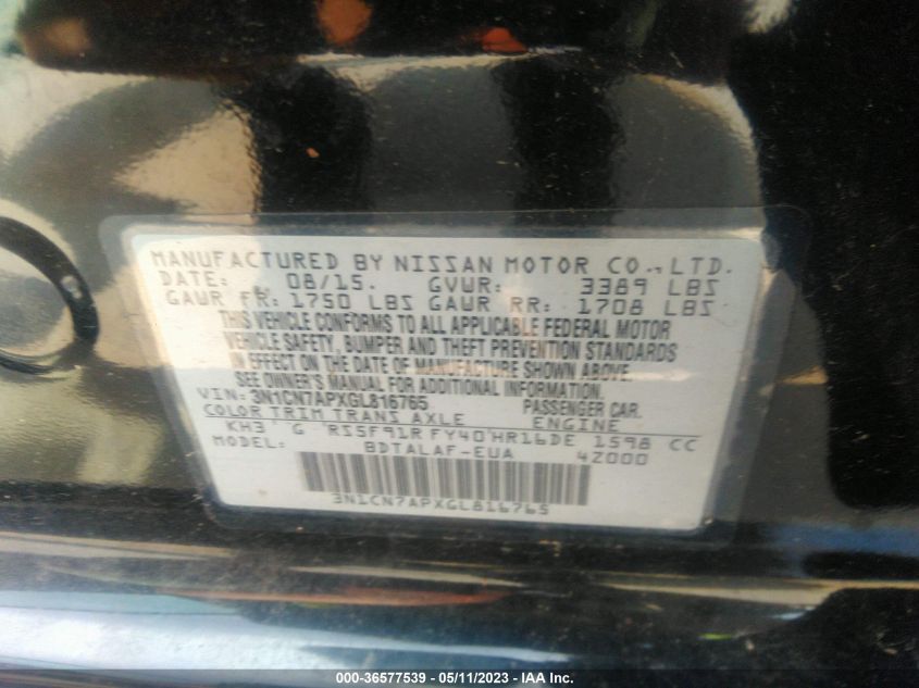 2016 NISSAN VERSA S - 3N1CN7APXGL816765