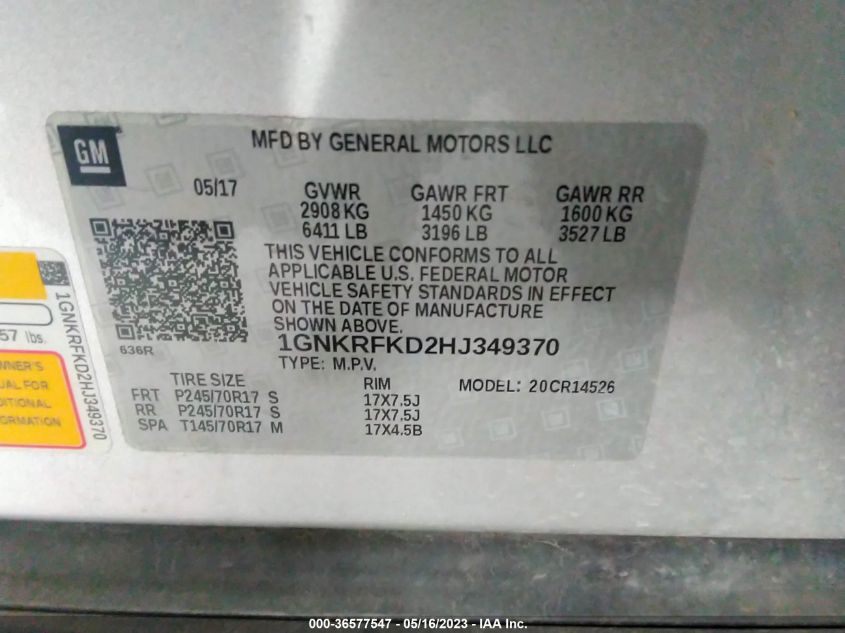 2017 CHEVROLET TRAVERSE LS - 1GNKRFKD2HJ349370