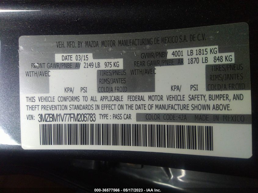 2015 MAZDA MAZDA3 I TOURING - 3MZBM1V77FM206783