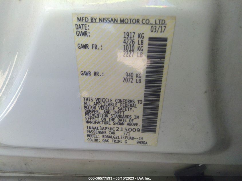 2017 NISSAN ALTIMA 2.5 S - 1N4AL3AP5HC215009