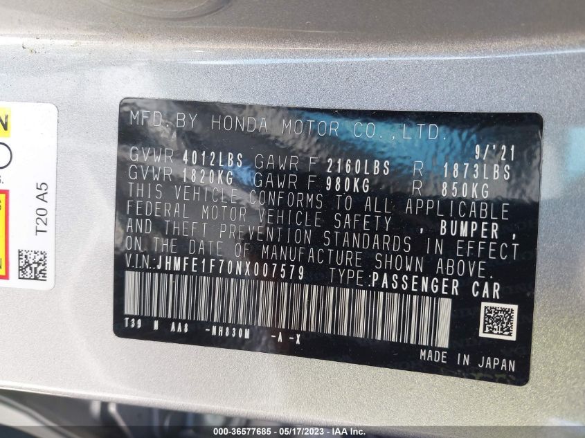 2022 HONDA CIVIC SEDAN EX - JHMFE1F70NX007579