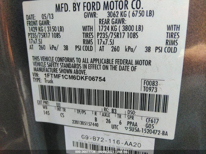 2013 FORD F-150 XL/STX/XLT - 1FTMF1CM6DKF06754