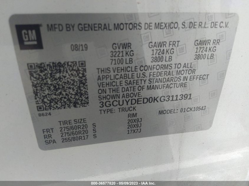 2019 CHEVROLET SILVERADO 1500 LT - 3GCUYDED0KG311391