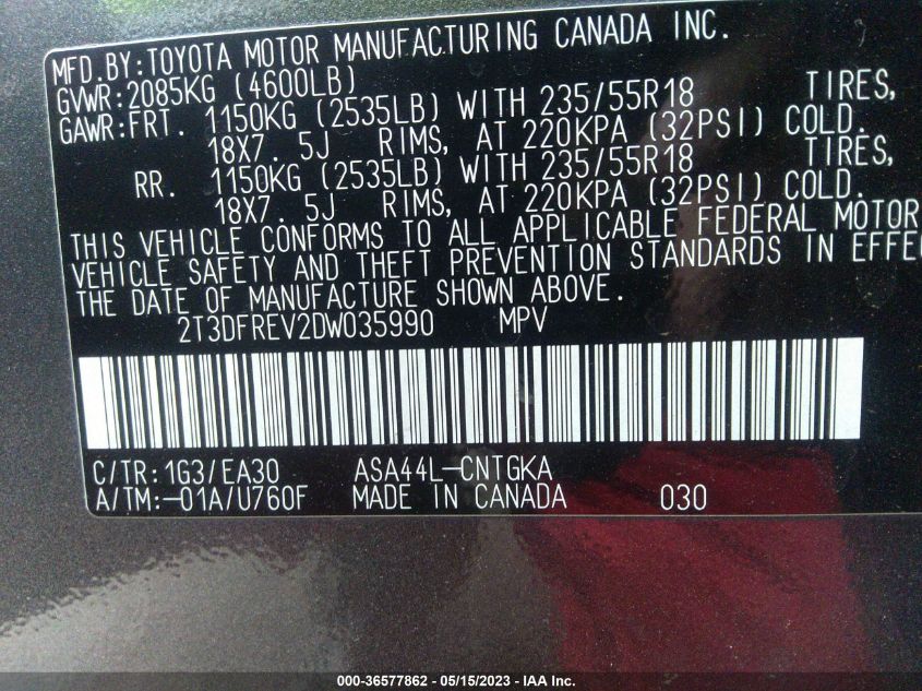 2013 TOYOTA RAV4 LIMITED - 2T3DFREV2DW035990