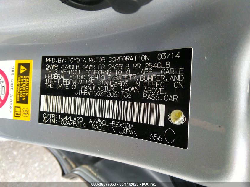 2014 LEXUS ES 300H HYBRID - JTHBW1GGXE2061186