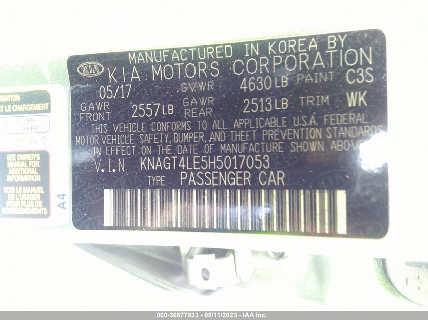 VIN KNAGT4LE5H5017053 2017 KIA OPTIMA HYBRID BASE