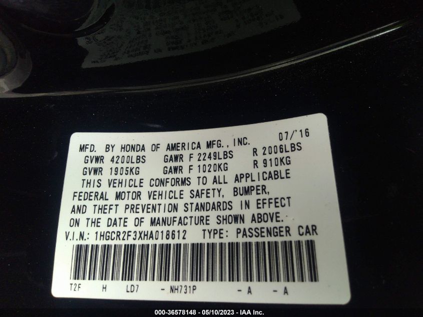 2017 HONDA ACCORD SEDAN LX - 1HGCR2F3XHA018612