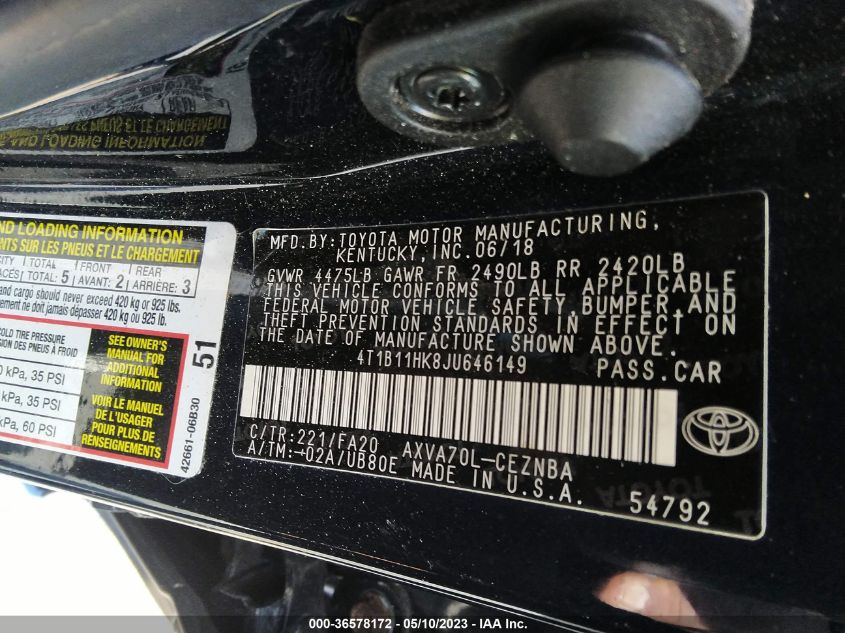 2018 TOYOTA CAMRY LE/SE/XLE/L - 4T1B11HK8JU646149