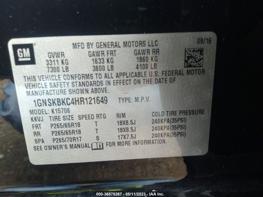 2017 CHEVROLET TAHOE LT - 1GNSKBKC4HR121649