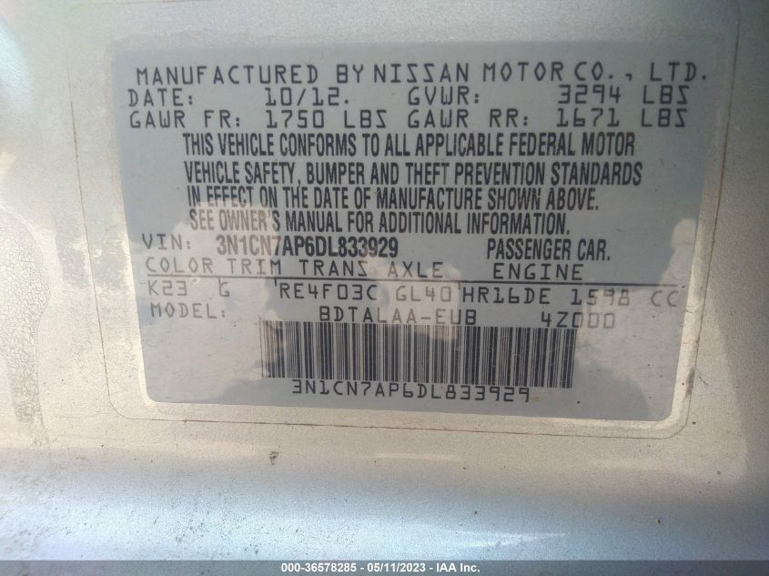 2013 NISSAN VERSA S - 3N1CN7AP6DL833929