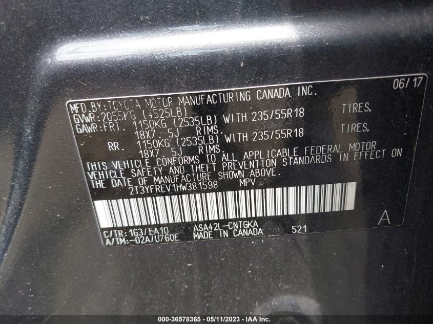 2017 TOYOTA RAV4 LIMITED - 2T3YFREV1HW381598