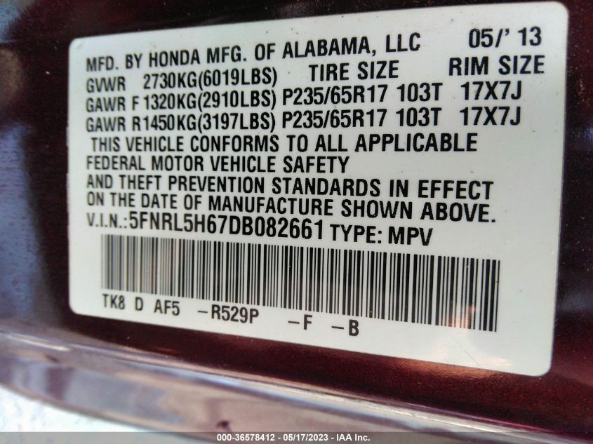 VIN 5FNRL5H67DB082661 2013 HONDA ODYSSEY no.9