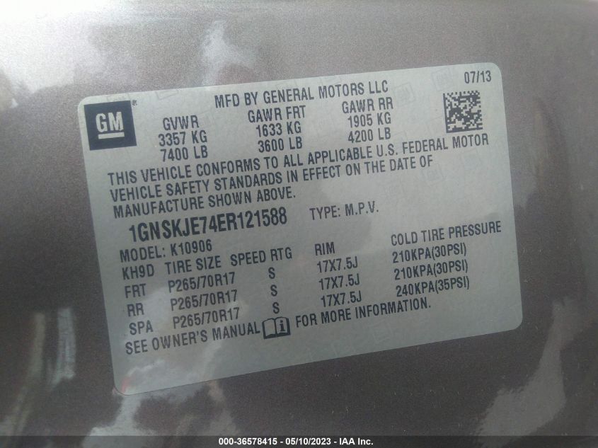 2014 CHEVROLET SUBURBAN LT - 1GNSKJE74ER121588