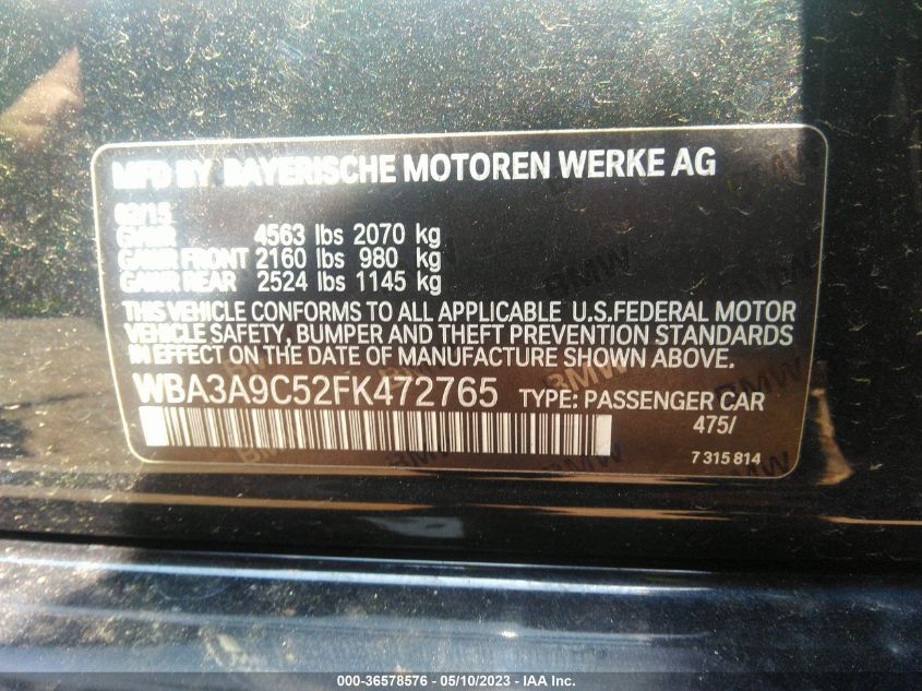 2015 BMW 3 SERIES 335I - WBA3A9C52FK472765