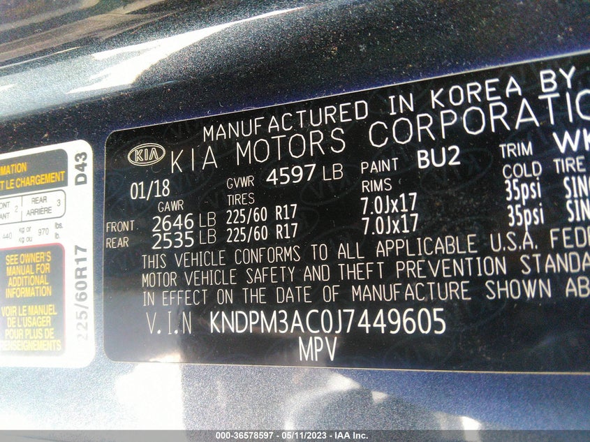 VIN KNDPM3AC0J7449605 2018 KIA SPORTAGE LX