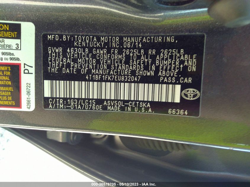 2014 TOYOTA CAMRY L/LE/XLE/SE/SE SPORT - 4T1BF1FK7EU832047