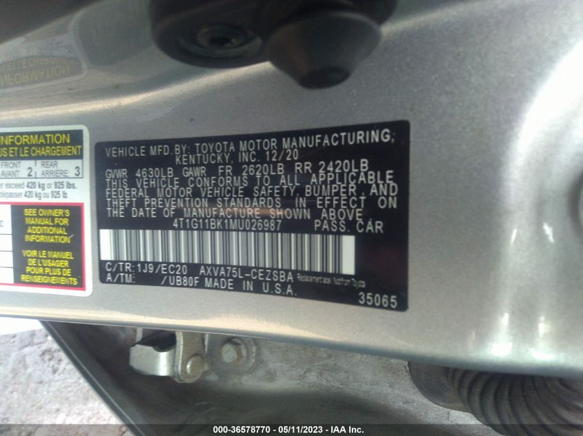 2021 TOYOTA CAMRY SE - 4T1G11BK1MU026987