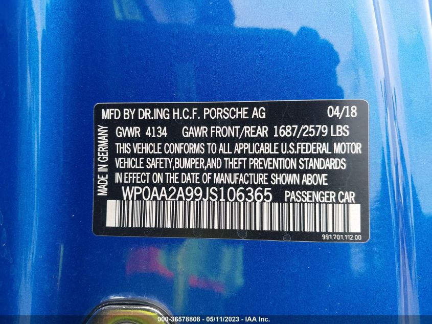 2018 PORSCHE 911 CARRERA - WP0AA2A99JS106365