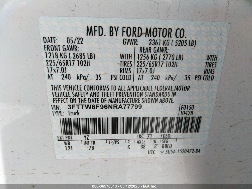 2022 FORD MAVERICK XL/XLT/LARIAT - 3FTTW8F96NRA77799