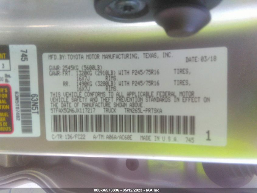 2018 TOYOTA TACOMA SR/SR5 - 5TFAX5GN6JX117217