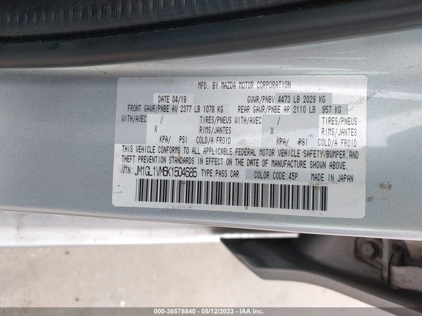 VIN JM1GL1VM6K1504685 2019 MAZDA MAZDA6 TOURING