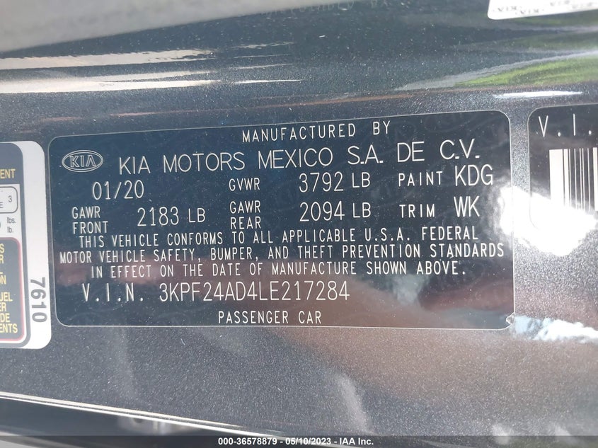 VIN 3KPF24AD4LE217284 2020 KIA FORTE LXS