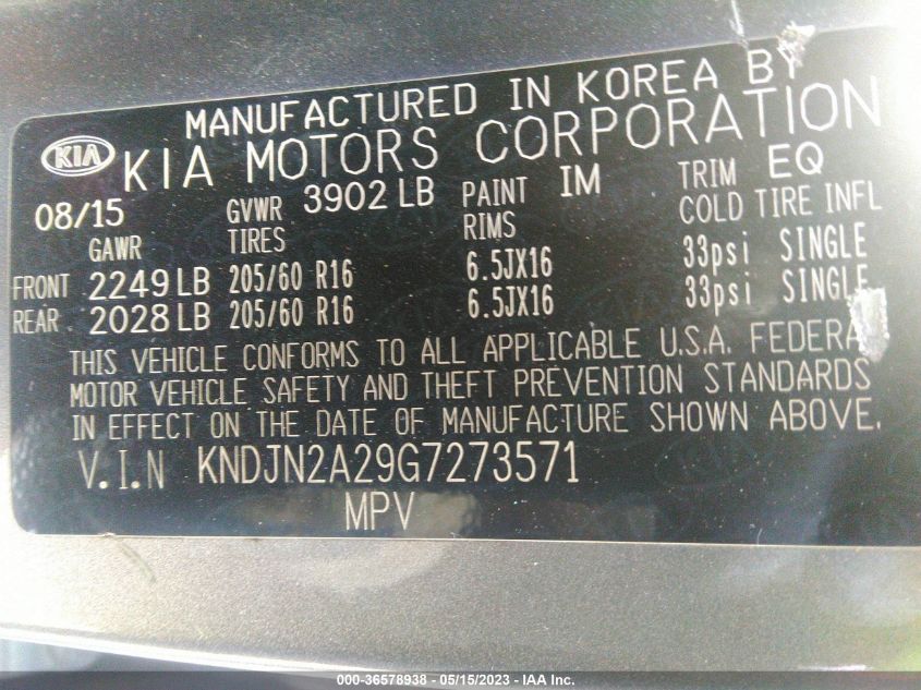 2016 KIA SOUL BASE - KNDJN2A29G7273571