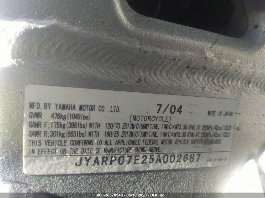 2005 YAMAHA FJR1300 JYARP07E25A002687