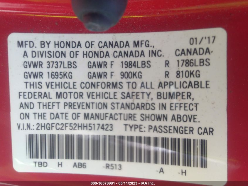 2017 HONDA CIVIC SEDAN LX - 2HGFC2F52HH517423