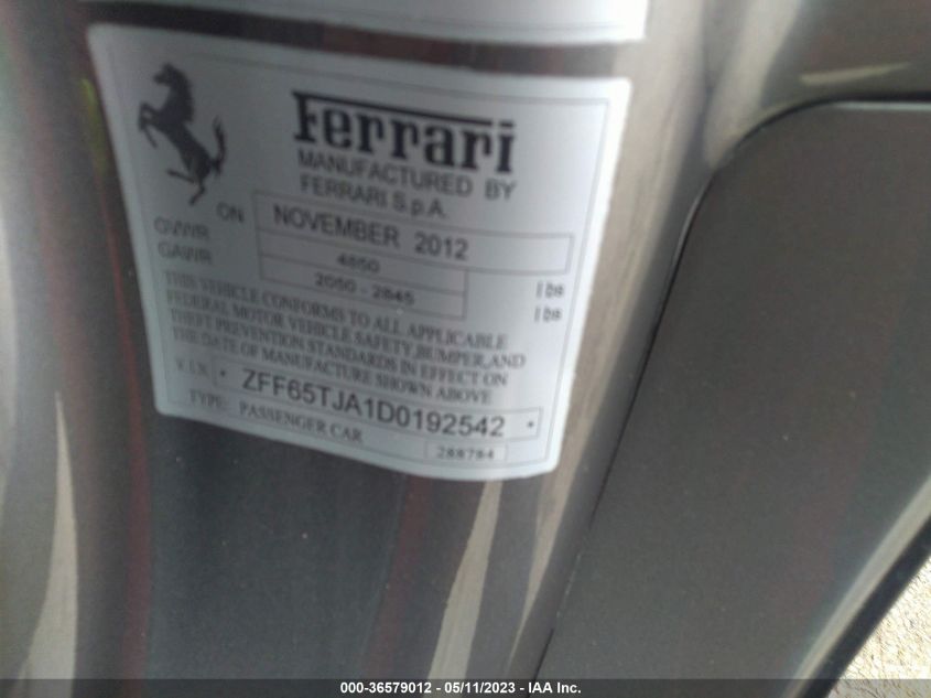2013 FERRARI CALIFORNIA ZFF65TJA1D0192542
