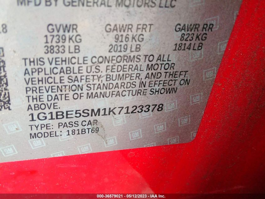 2019 CHEVROLET CRUZE LT - 1G1BE5SM1K7123378