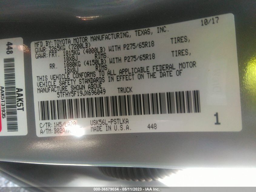 2018 TOYOTA TUNDRA 4WD SR5/LIMITED/PLATINUM - 5TFHY5F19JX696049
