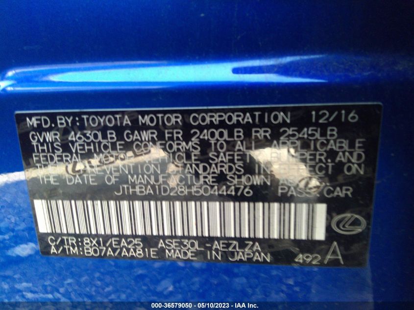 2017 LEXUS IS IS TURBO - JTHBA1D28H5044476