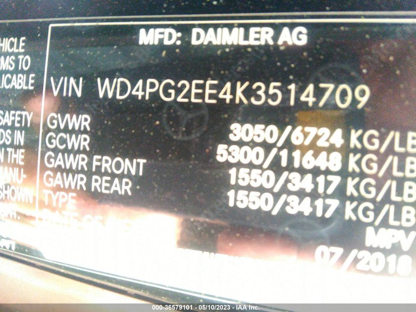 2019 MERCEDES-BENZ METRIS PASSENGER VAN - WD4PG2EE4K3514709