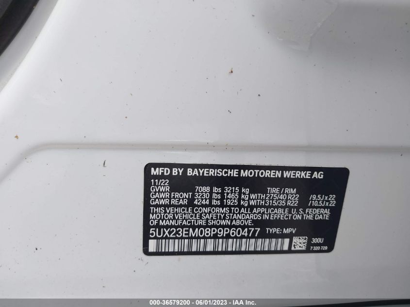 2023 BMW X7 XDRIVE40I - 5UX23EM08P9P60477